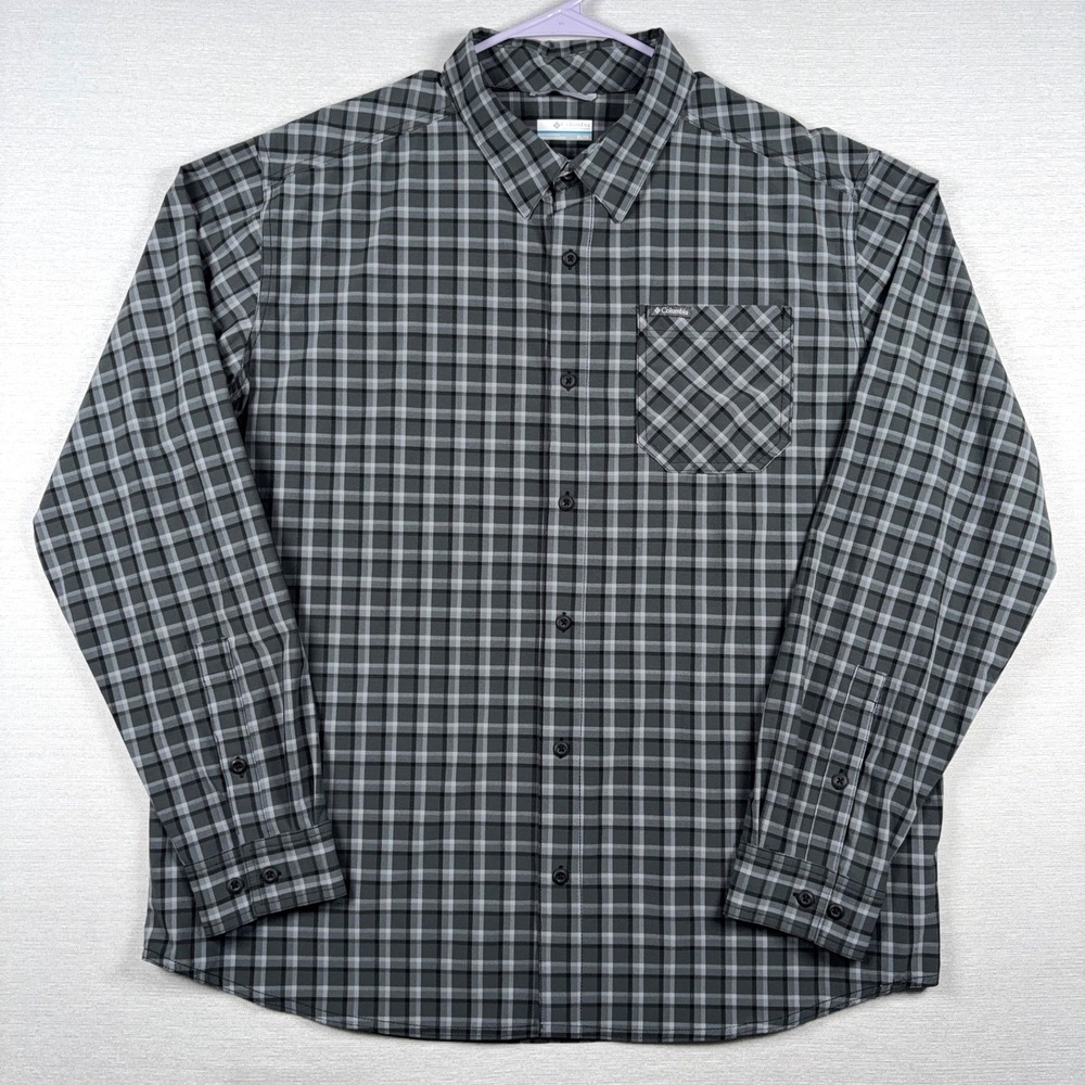 Columbia Shirt Mens XL Black Gray Plaid Polyester Elastane Long Sleeve Button Up